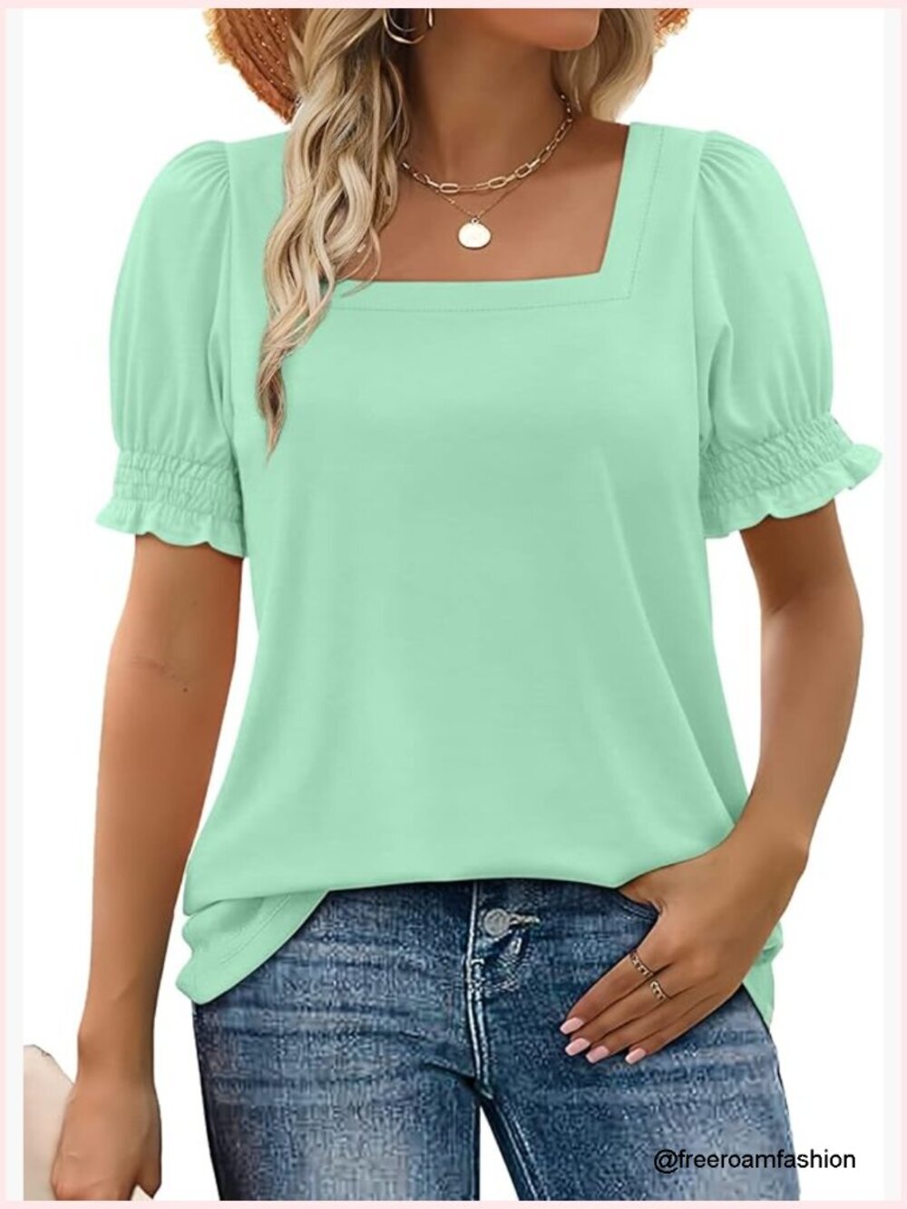 Womens Square Neck Puff Sleeve T-Shirt Summer Casual Loose Fit Tee